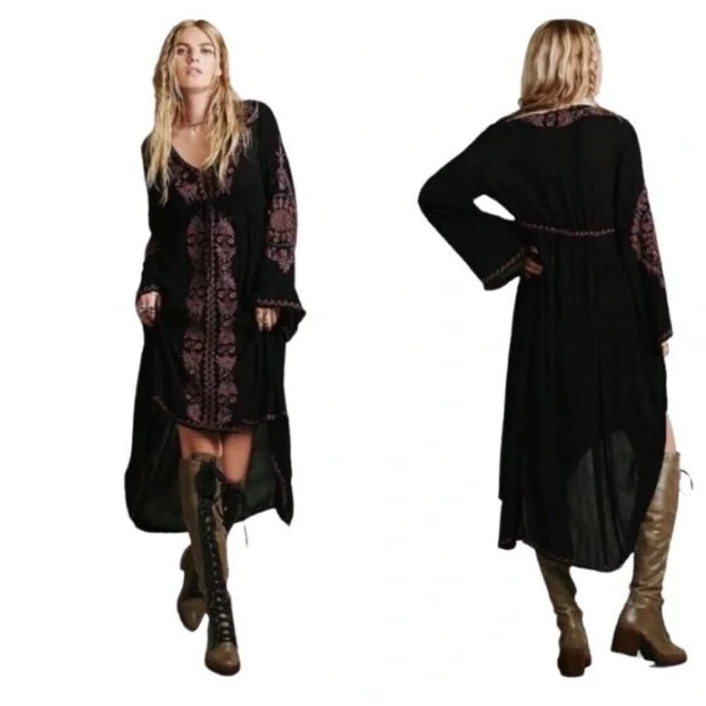 Free People Embroidered Bell Sleeve Boho Midi high low Dress in Goth Black M
